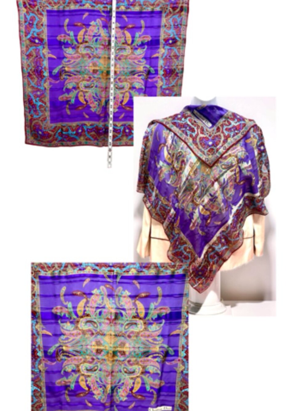 Christian Dior Soft 00% Silk Scarf Chiffon & Satin PurplePaisley Floral 31"(21 - Picture 6 of 14